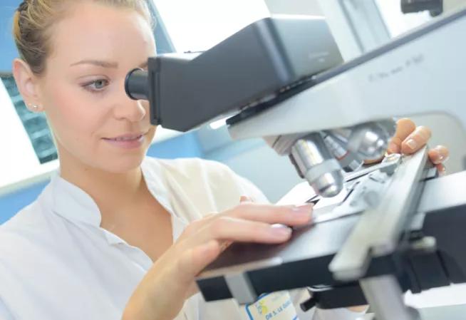 Personne manipulant un microscope